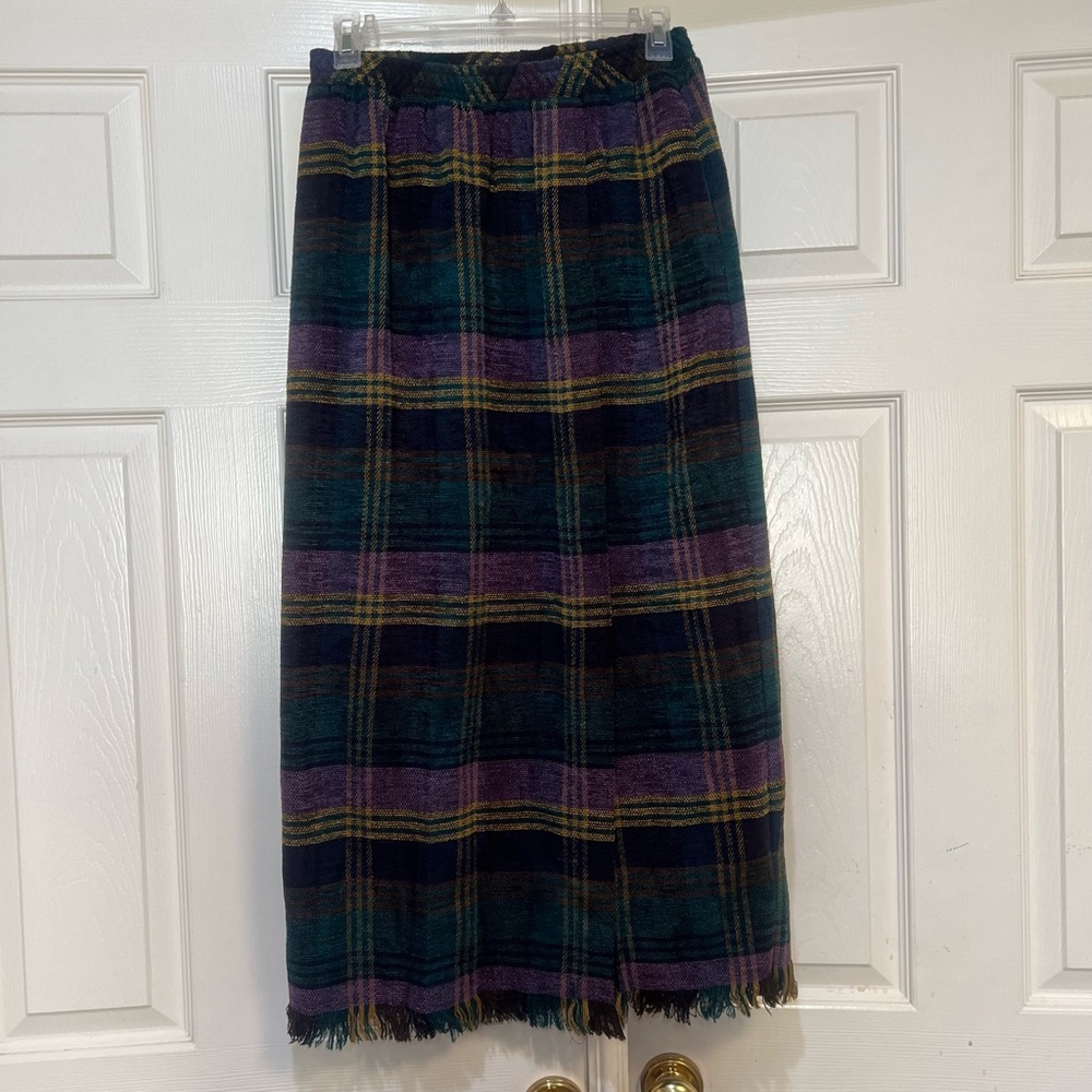 Vintage Plaid Midi blanket Skirt Purple Green preppy chic office casual size 10 - Picture 2 of 14
